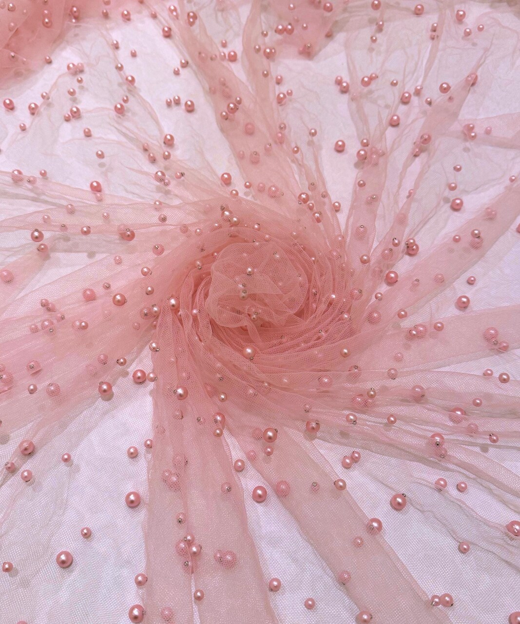 Baby Pink Pearl Tulle Fabric by the Yard, 60" Wide Soft Pearl Scattered Mesh